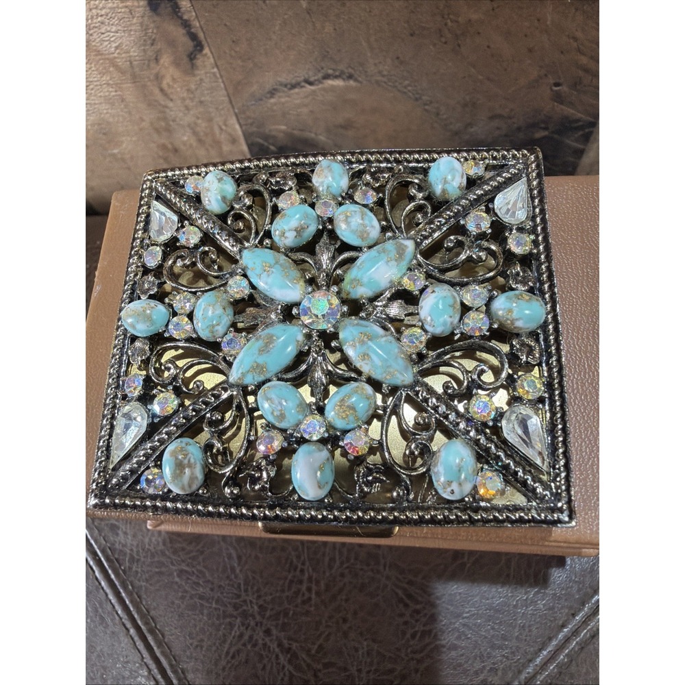 Jeweled Powder Compact Case Gold Brass Faux Turquoise 1950s SF Co 5th Ave Vtg